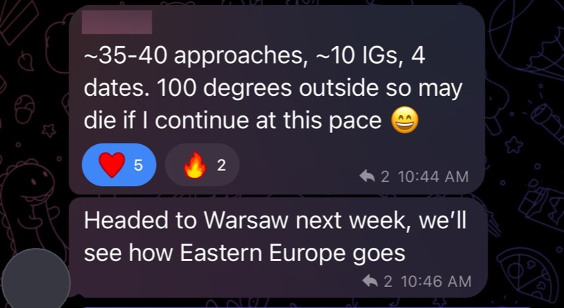 Client logs 35-40 approaches, 10 numbers, and 4 dates in a week