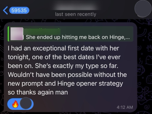 Client has one of his best-ever first dates from a Hinge match