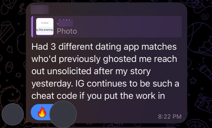 Three past dating-app matches re-engage after seeing his Instagram story