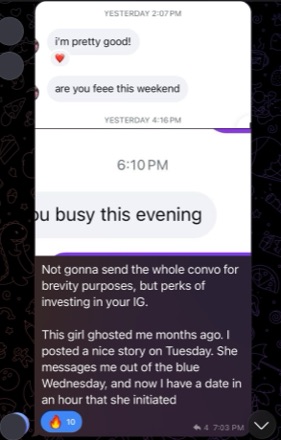 Instagram story revives a ghosted match into a date she initiated