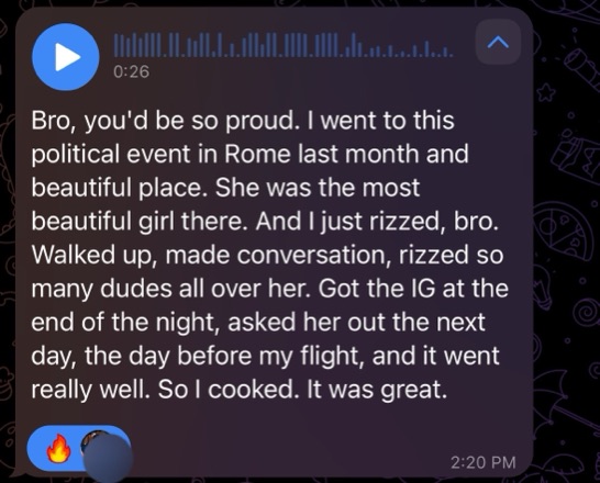 Client cold-approaches the most beautiful girl at a Rome event and dates her