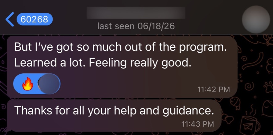 Client says he got a lot out of the program and feels great
