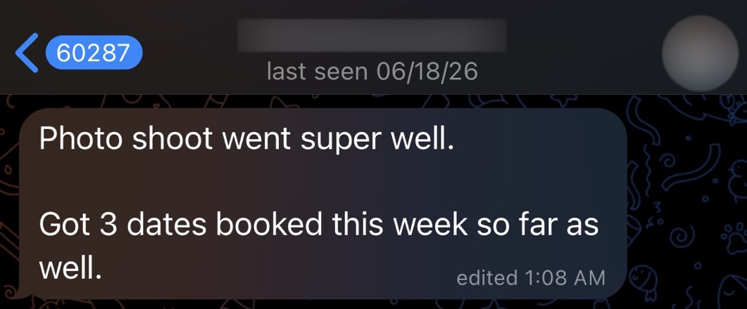 Photo shoot goes well and he books three dates for the week