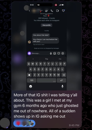 A ghosted gym crush slides back into his Instagram DMs asking him out